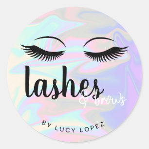 Modern elegant holographic lashes & brows classic round sticker