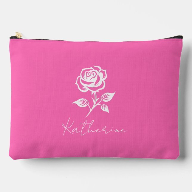 Modern Elegant Hot Pink And Rose Custom Name Accessory Pouch (Front)