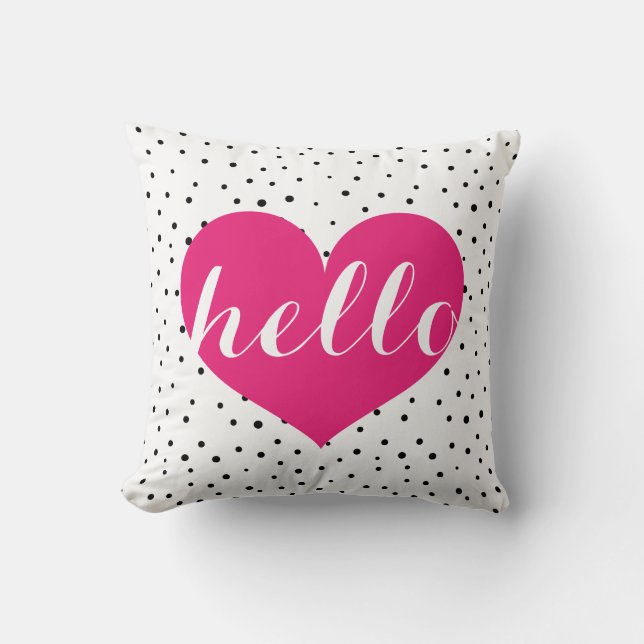 Modern Elegant Hot Pink & Black Hello Heart Custom Throw Pillow (Front)