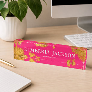 Modern Elegant Hot Pink Gold Desk Name Plate