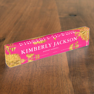 Modern Elegant Hot Pink Gold Desk Name Plate