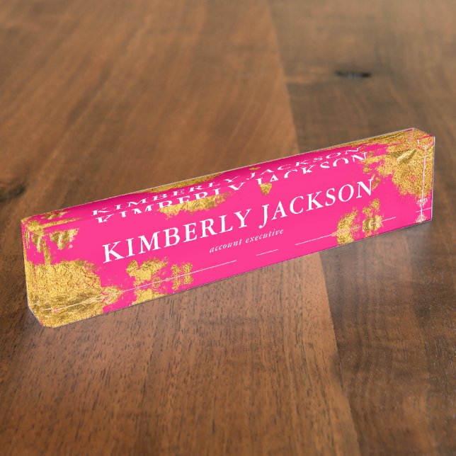 Modern Elegant Hot Pink Gold Desk Name Plate (Side)