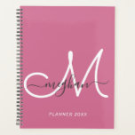 Modern Elegant Hot Pink White Script Monogram 2022 Planner<br><div class="desc">Modern, trendy girly hot pink and white script custom personalized name and monogrammed planner. This simple elegant design features a first name template in cursive hand lettering font with swashes in gray and a huge hand-written monogram initial script in white color on hot pink, or deep pink background. This feminine,...</div>