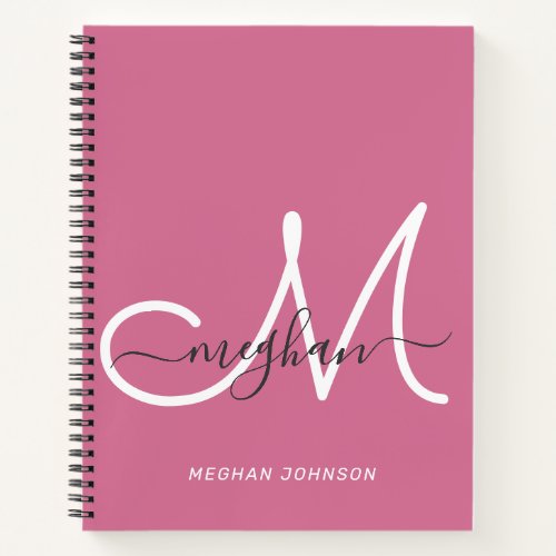 Modern Elegant Hot Pink White Script Monogram Notebook