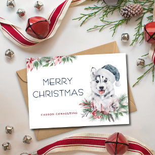 Modern Elegant Husky Dog Merry Christmas Business Holiday Card