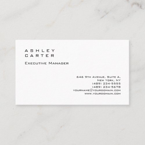 Modern elegant impressive white plain manager business card