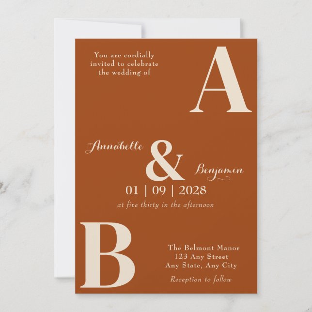Modern Elegant Initial Burnt Orange Wedding Invitation (Front)