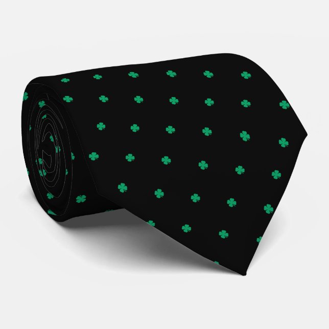 Modern Elegant Irish Shamrock Green Clover Black Neck Tie (Rolled)