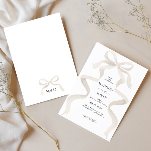 Modern Elegant Ivory Beige Bow Monogram Wedding Invitation