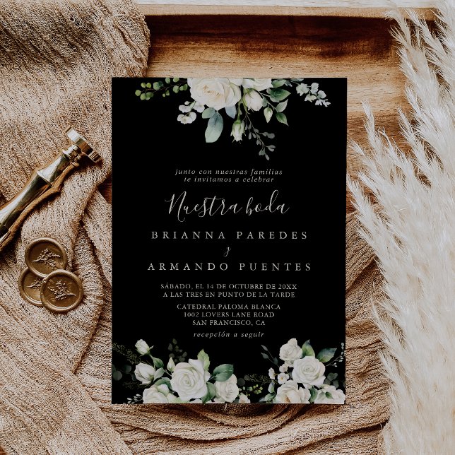 Modern Elegant Ivory Floral Nuestra Boda Wedding Invitation (Creator Uploaded)