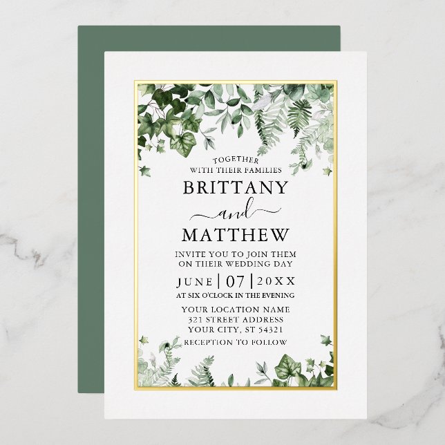 Modern Elegant Ivy Ferns Sage Green Wedding Gold Foil Invitation (Front/Back)