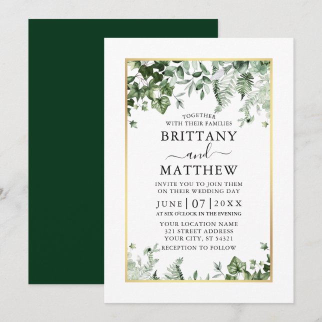 Modern Elegant Ivy Sage Greenery Gold Wedding Invitation (Front/Back)
