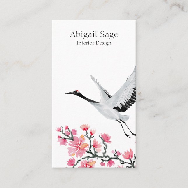 Modern Elegant Japanese Crane and Cherry Blossom Business Card (Front)