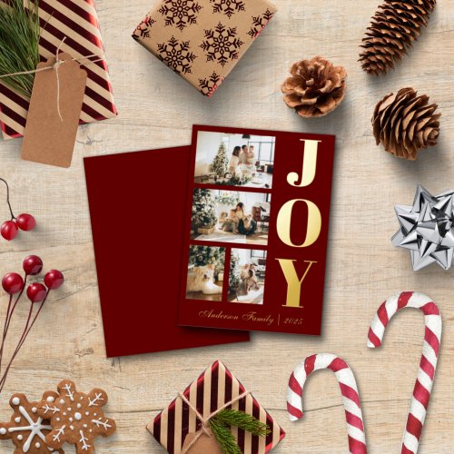 Modern Elegant Joy Christmas Four Photo Script Foil Holiday Card