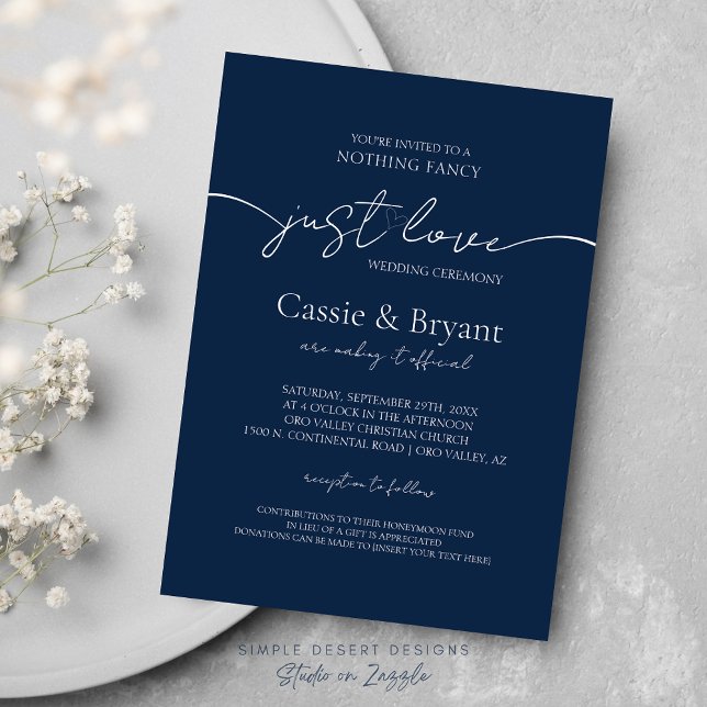 Modern Elegant Just Love Blue Script Wedding Invitation (Simple Elegant Navy Blue Wedding Invitations Nothing Fancy Just Love Wedding Theme)