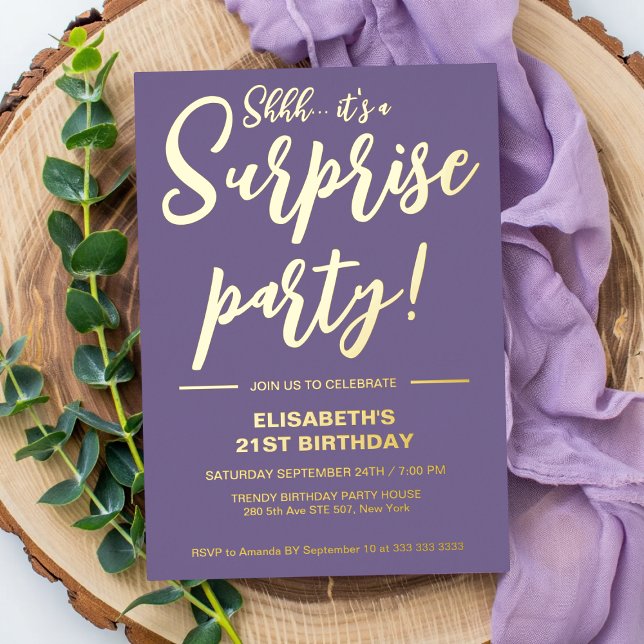 Modern Elegant Lavender 21st Surprise Birthday  Foil Invitation (Creator Uploaded)