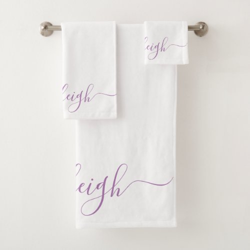 Modern Elegant Lavender Script Name White Bath Towel Set