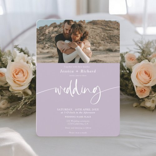 Modern elegant lavender wedding script photos invitation