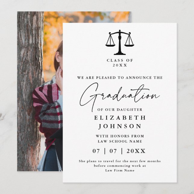 Modern Elegant Law Graduation Photo Announcement (Front/Back)