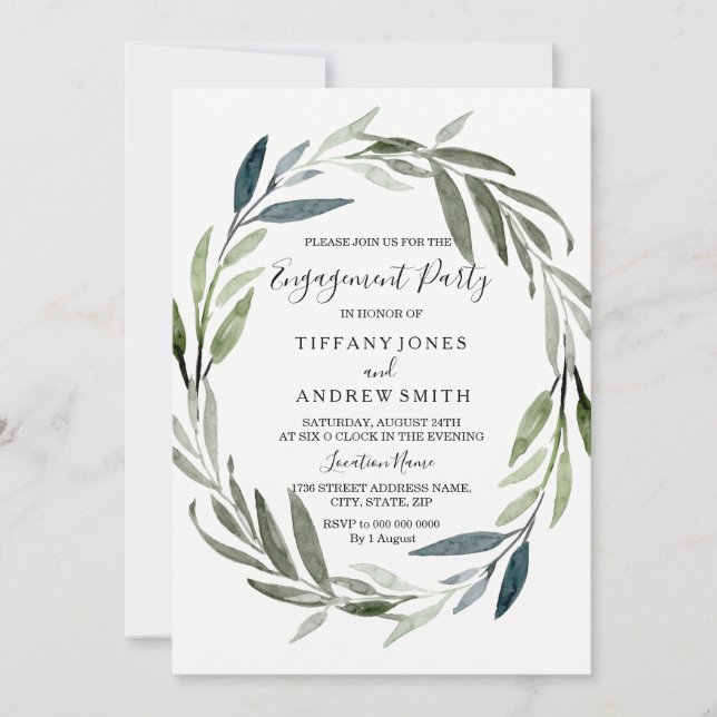 Modern Elegant Leaf Wreath Engagement Party Invite (Front)