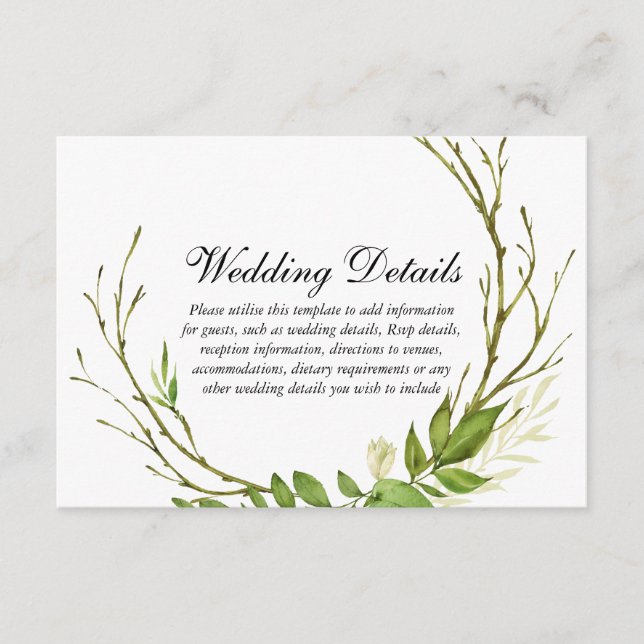 Modern Elegant Leaf Wreath Wedding Details Enclosure Card (Front)