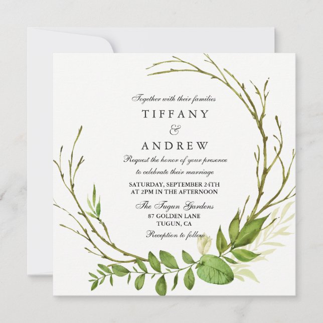 Modern Elegant Leaf Wreath Wedding Invite (Front)