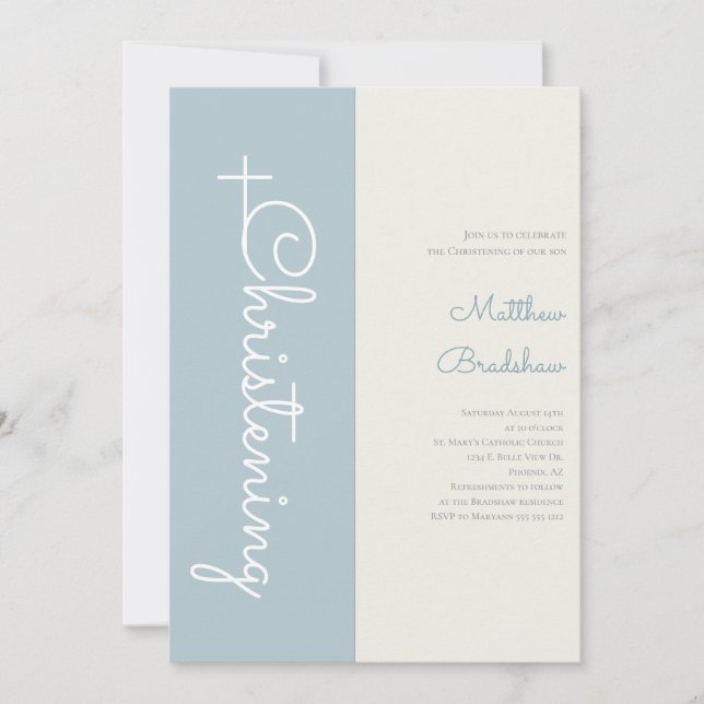 Modern Elegant Light Blue Baby Boy Christening Invitation (Front)