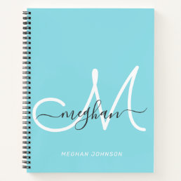 Modern Elegant Light Blue White Script Monogram Notebook