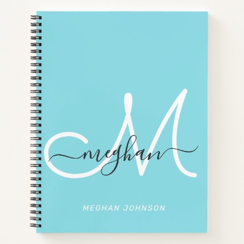 Modern Elegant Light Blue White Script Monogram Notebook
