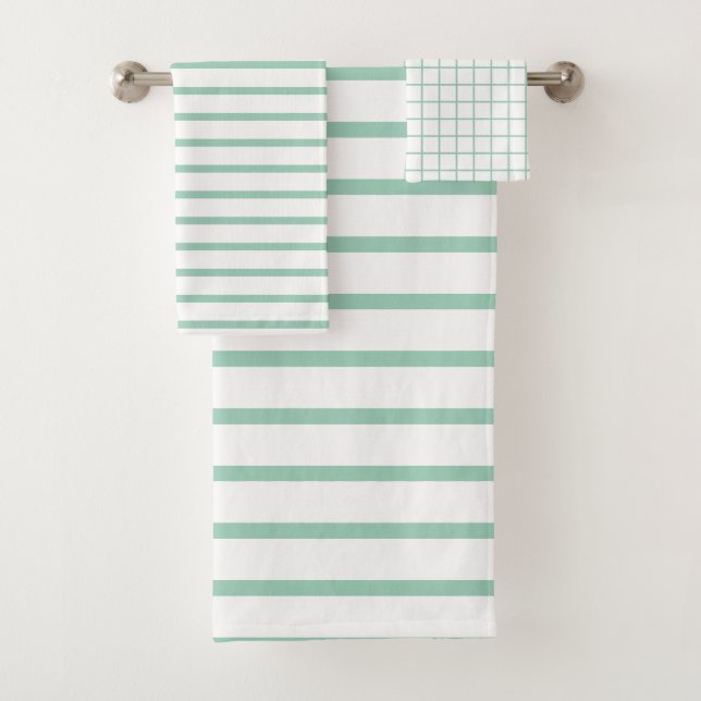 Modern Elegant Light Green Check Pattern Bath Towel Set (Insitu)
