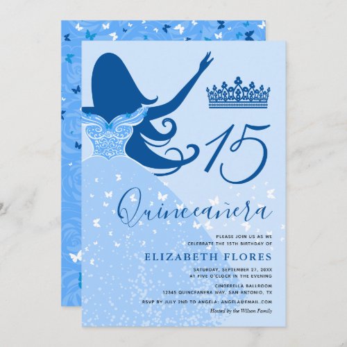 Modern Elegant Light Royal Blue Quinceanera Invitation