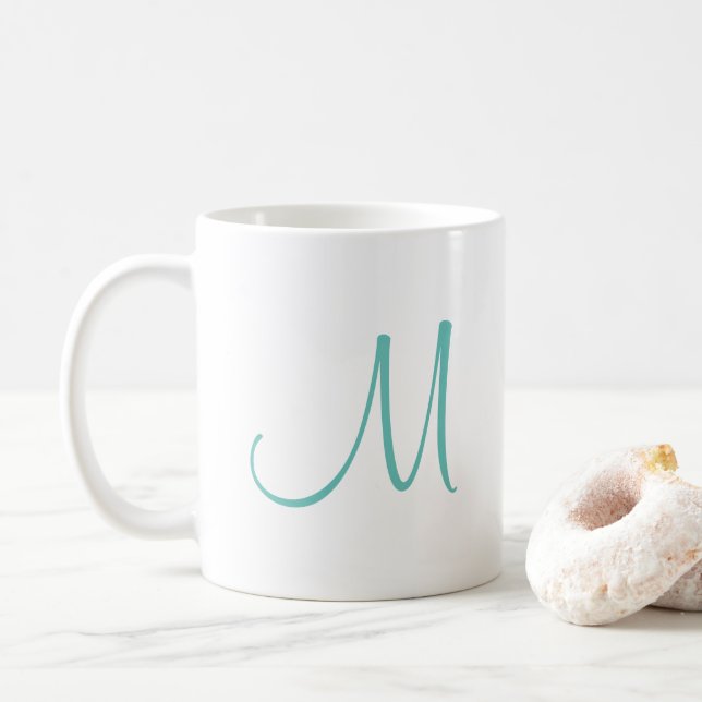 Modern Elegant Light Teal White Initial Monogram Coffee Mug (With Donut)