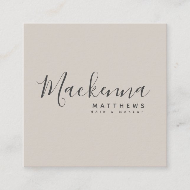 Modern Elegant Linen Beige Personalized Name Salon Square Business Card (Front)