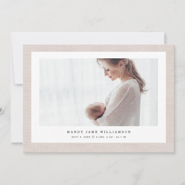 Modern Elegant Linen Texture Baby Girl Photo Photo Announcement (Front)
