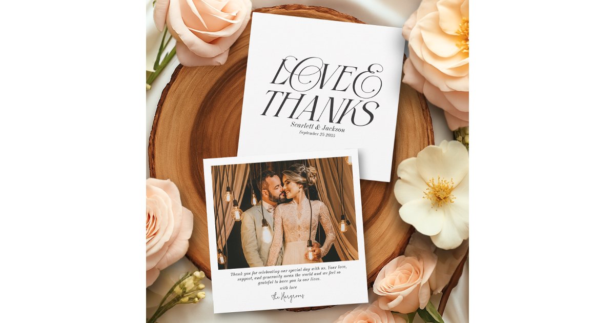 Modern Elegant Love and Thanks Calligraphy Photo Thank You Card | Zazzle