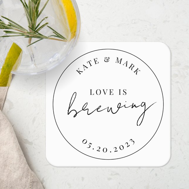 Modern Elegant Love is Brewing Wedding Square Paper Coaster (Creator Uploaded)
