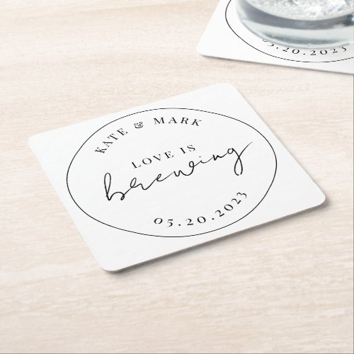 Modern Elegant Love is Brewing Wedding Square Paper Coaster