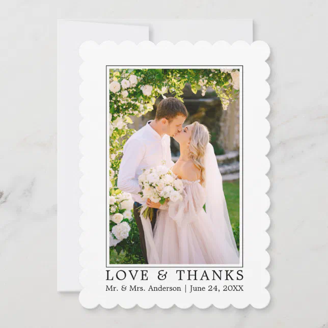 Modern Elegant Love Thanks Wedding Photo Scalloped Thank You Card | Zazzle