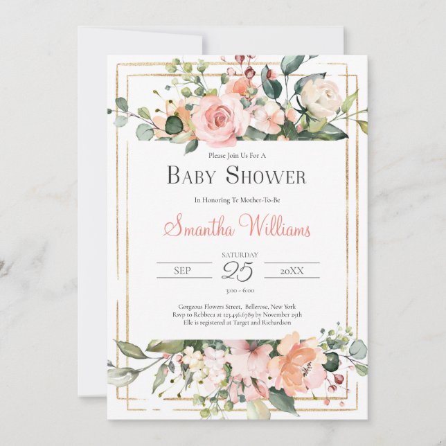 Modern elegant lush florals boho and gold baby invitation (Front)