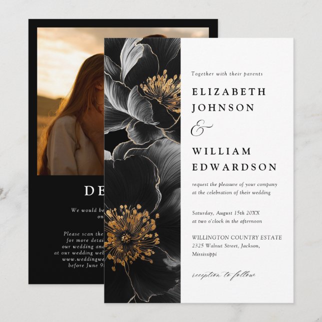 Modern Elegant Luxury Floral Photo QR Code Wedding Invitation (Front/Back)