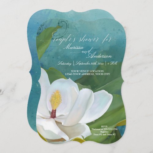 Modern Elegant Magnolia Floral Blue Couples Shower Invitation