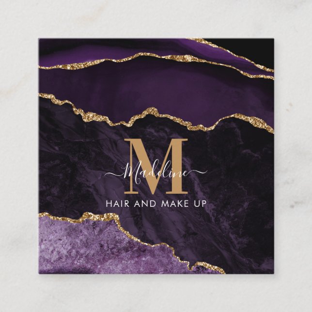 Modern Elegant Marble Agate Purple Gold Monogram Square Business Card (Front)
