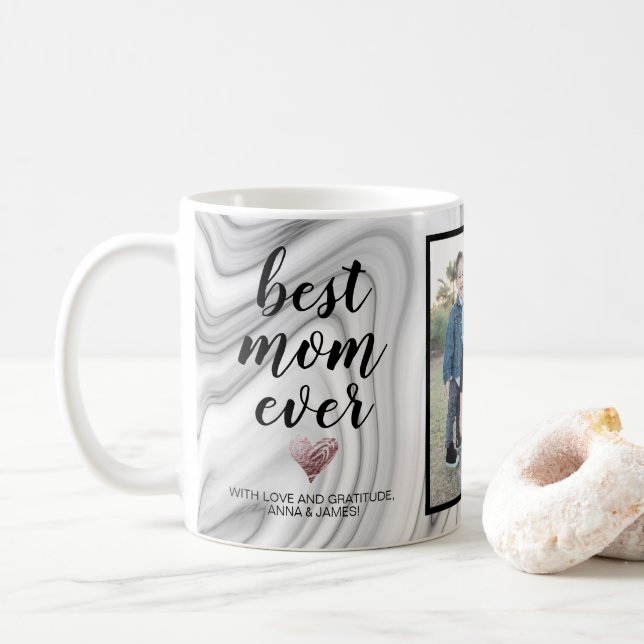 Modern Elegant Marble Best Mom Ever Photo Collage Coffee Mug (With Donut)