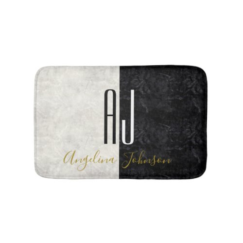 Modern Elegant Marble Black and White Monogram Bath Mat