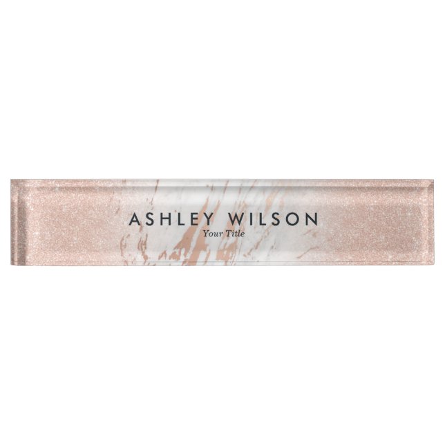 Modern Elegant Marble Rose Gold Glitter Desk Name Plate (Front)