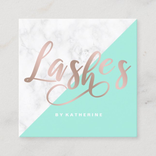 Modern elegant marble & rose gold lashes extension square business card (Front)