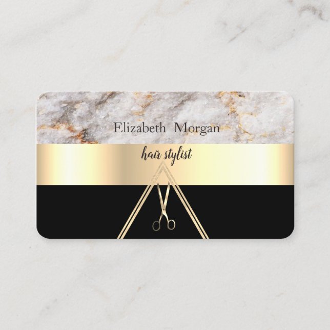Modern Elegant Marble Stone Black,Gold,Scissors Business Card (Front)