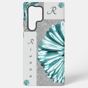 Modern Elegant Marbled Diamond Flower Teal Samsung Galaxy S22 Ultra Case