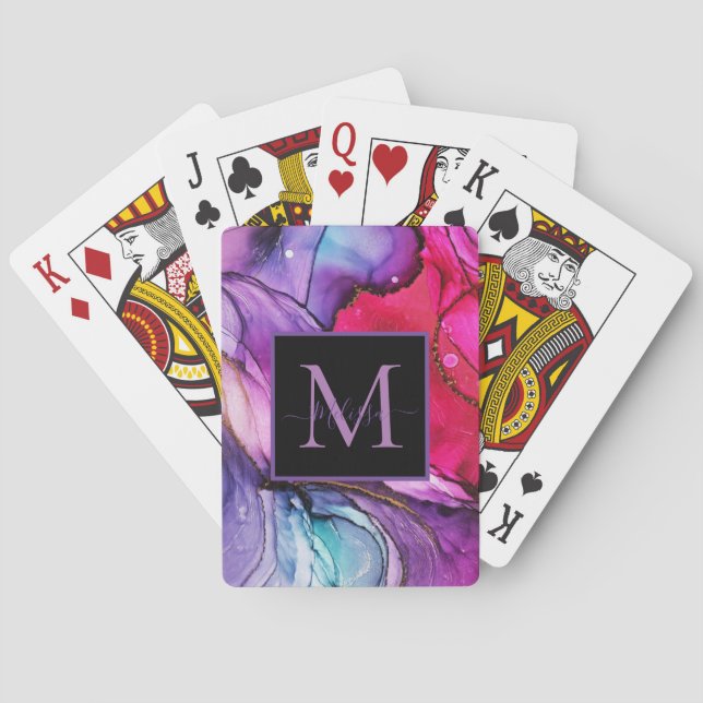 Modern Elegant Marbled Monogram Name Poker Cards (Back)