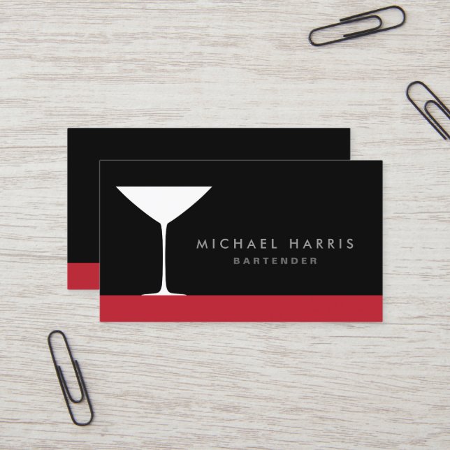 Modern elegant martini cocktail glass bartender business card (Front/Back In Situ)